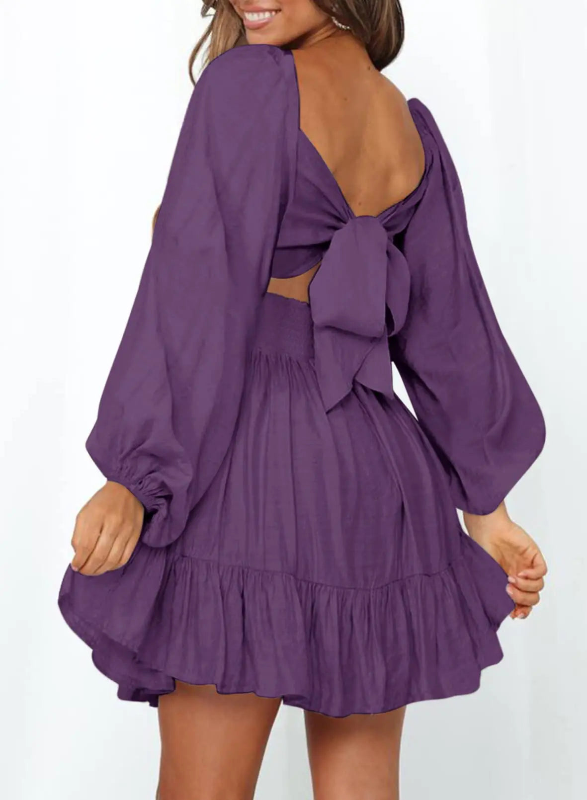 Womens Dress Long Lantern Sleeve Ruffle Elastic Waist A-Line Mini Dress Medium Dark Purple