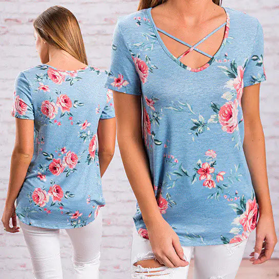 Floral Short Sleeve Top with Cutout Neckline in 5 Colors