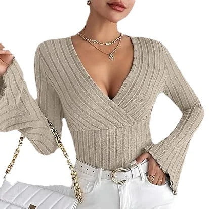 Ribbed V-Neck Slim-Fit Long Sleeve Top