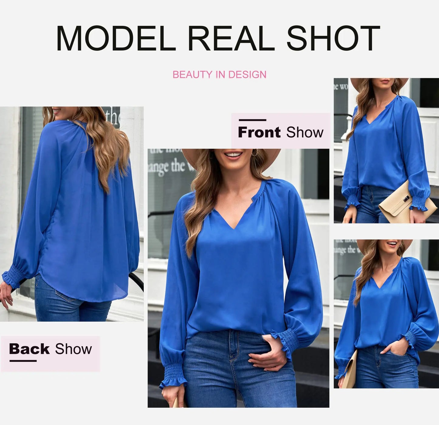 Dokotoo Womens Blouses Fashion Smocked Long Sleeve V Neck Casual Chiffon Shirts Tops Fall Outfits Clothes 2024 Blue XX-Large