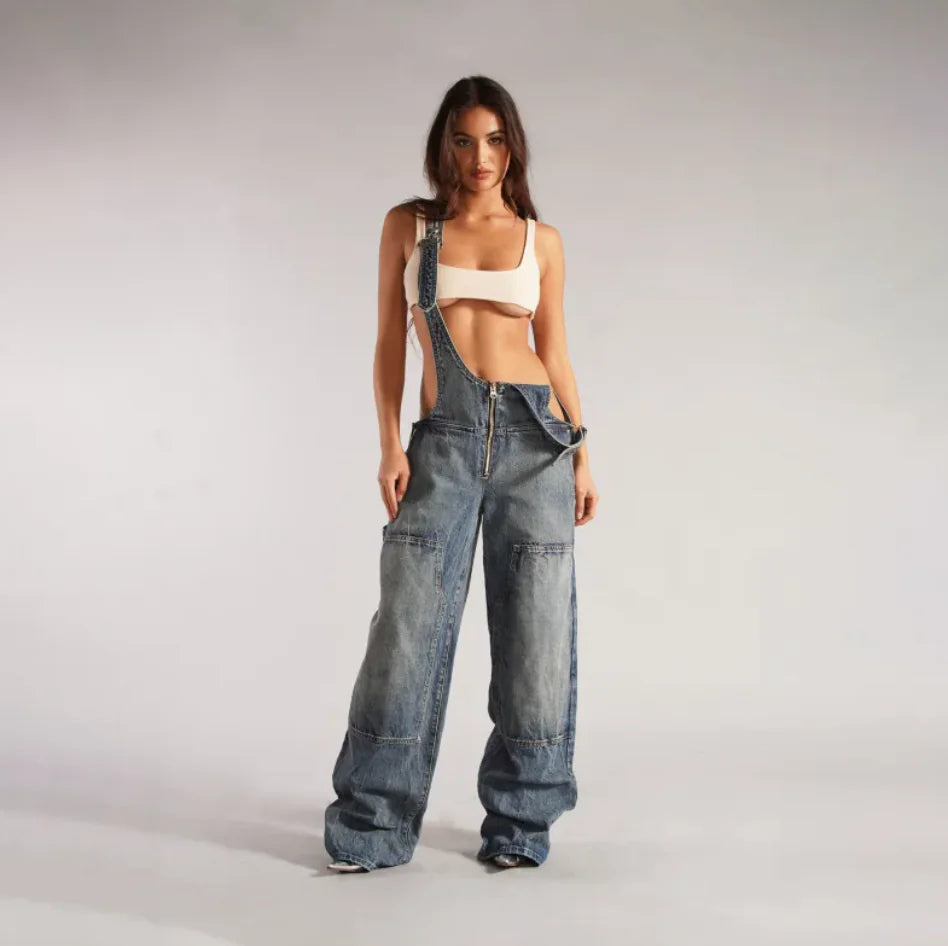 Y2K Zipper Denim Overalls