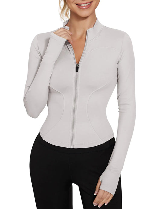 LUYAA Women's Workout Jacket Lightweight Zip Up Yoga Jacket Cropped Athletic Slim Fit Tops Ivory Grey Medium