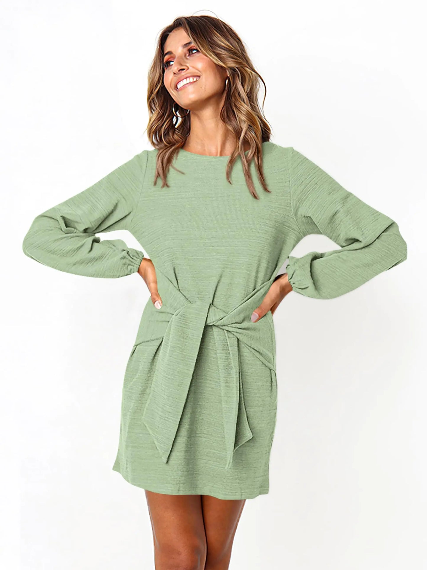 PRETTYGARDEN Women's Elegant Long Lantern Sleeve Short Dress Crewneck Tie Waist Knit Cocktail Dress Bean Green X-Large