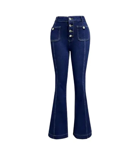 Damen Patchwork Jeans Slim Fit Schlankmachende Stretch Schlaghose