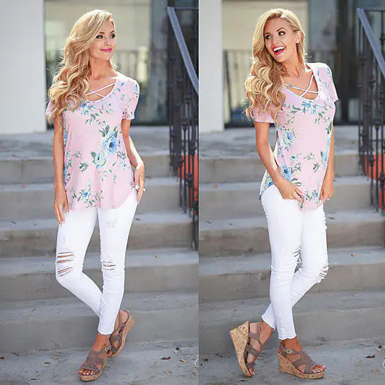 Floral Short Sleeve Top with Cutout Neckline in 5 Colors