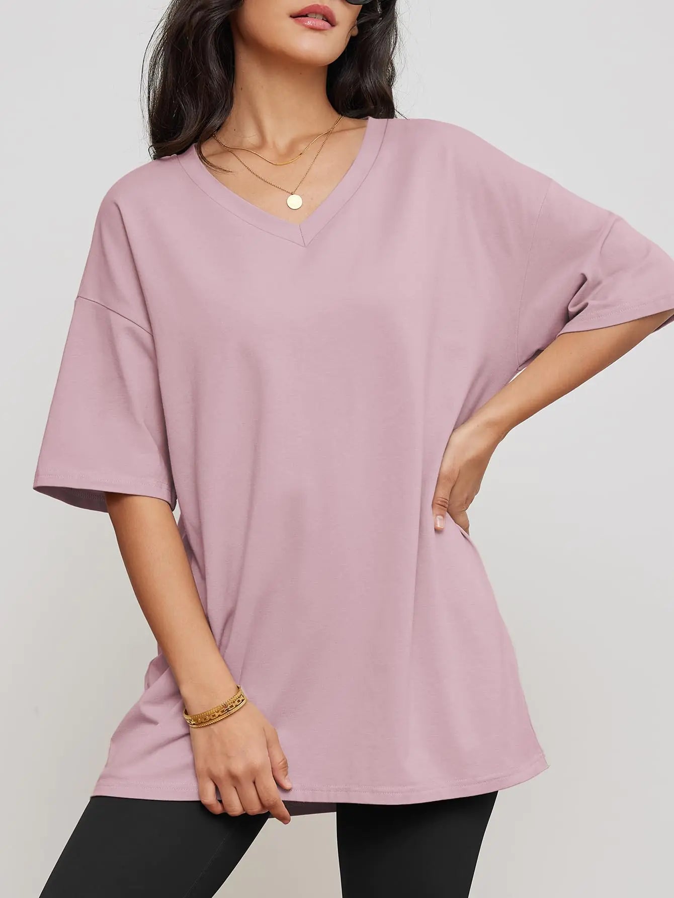 ATHMILE Womens Oversized T Shirts V Neck Tees Half Sleeve Cozy Comfy Tunic 2024 Y2K Tops Casual Small Dark Pink