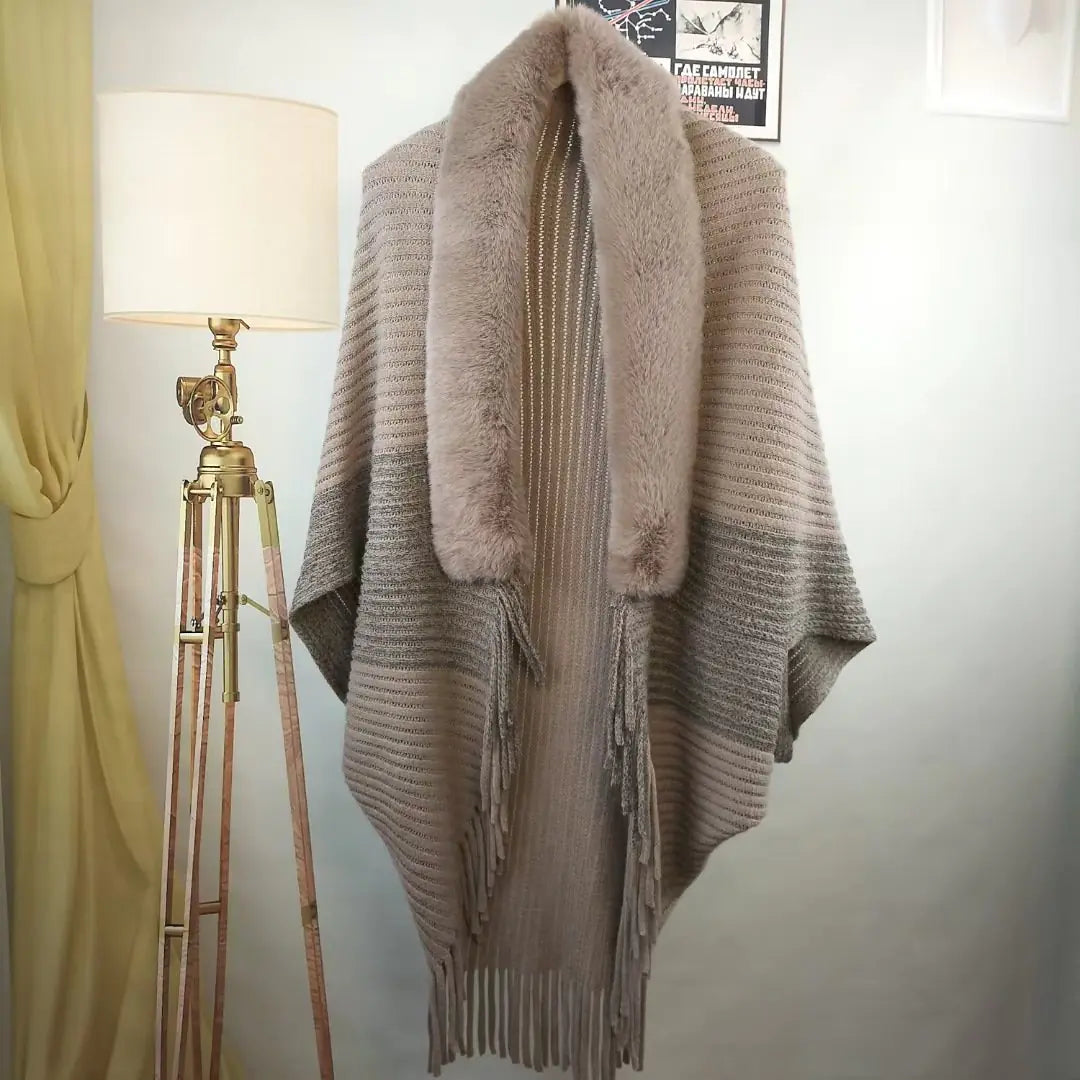 Knitted Fringed Fur-Neck Shawl