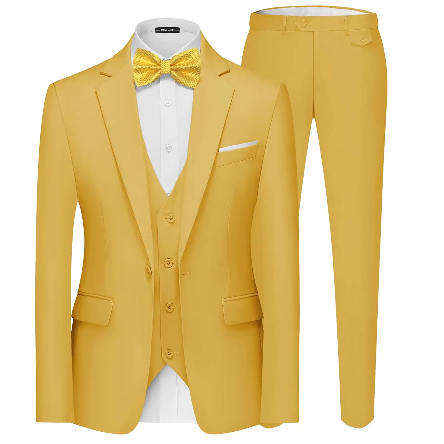 MAGE MALE Men's 3 Pieces Suit Elegant Solid One Button Slim Fit Single Breasted Party Blazer Vest Pants Set Medium Yellow