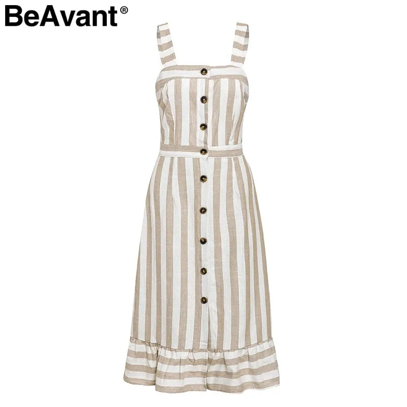 BeAvant Lässiges gestreiftes Leinen-Baumwollkleid für Damen mit Knopfleiste, Strand-Sommerkleid 2019, sexy rückenfreie Midikleider für Damen, Vestidos