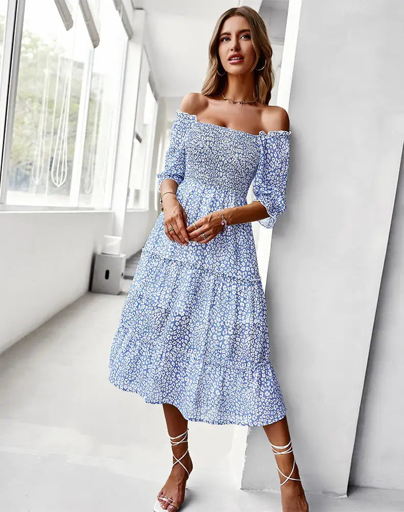 Off Shoulder High Waist Ruffle Stitching Dress