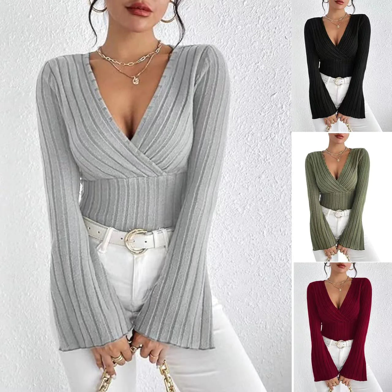 Ribbed V-Neck Slim-Fit Long Sleeve Top