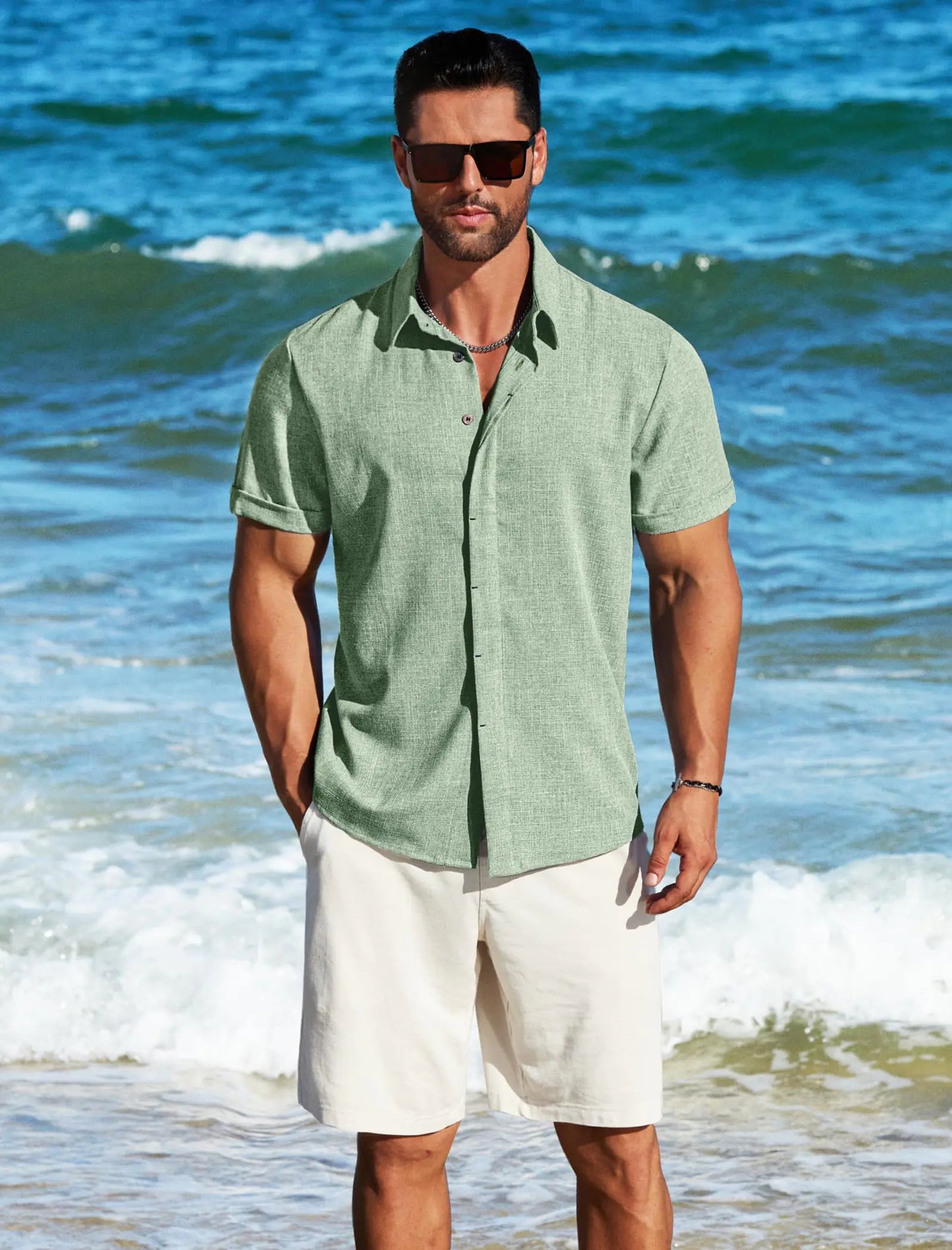 MAPICK Men's Linen Shirts Short Sleeve Button Down Casual Shirt Business Dress Clothing Beach Fashion Summer Tops 3X-Large Green