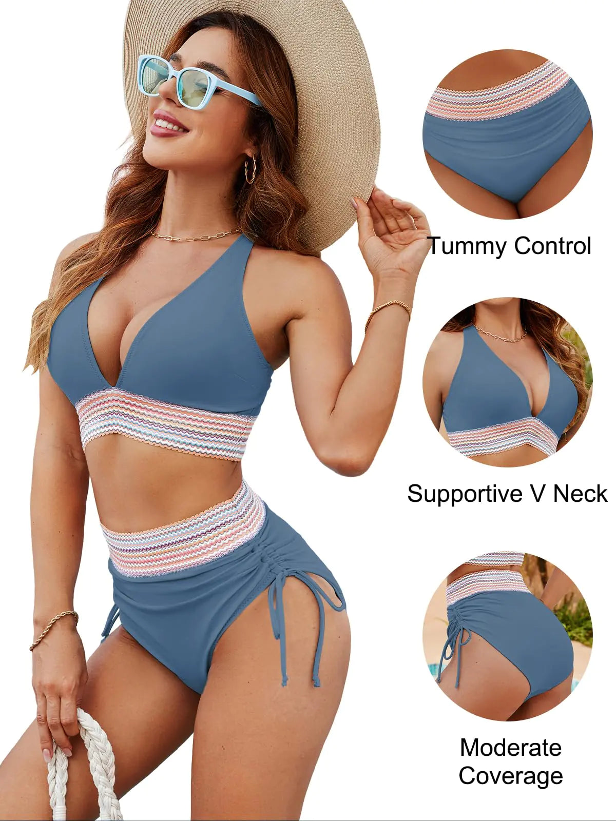 Blooming Jelly Women High Waisted Bikini Sets Tummy Control Swimsuits Color Block Two Piece Drawstring Bathing Suit Large Haze Blue