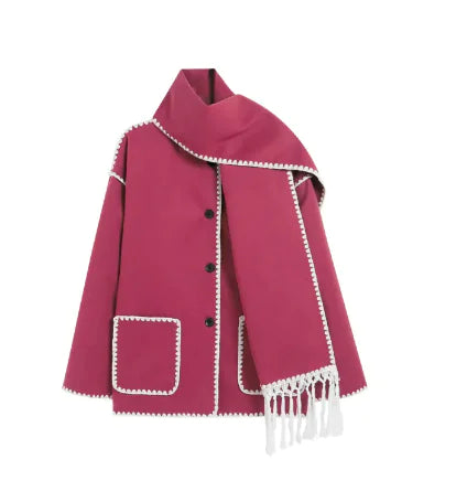 Women's Thick Woolen Coat with Scarf