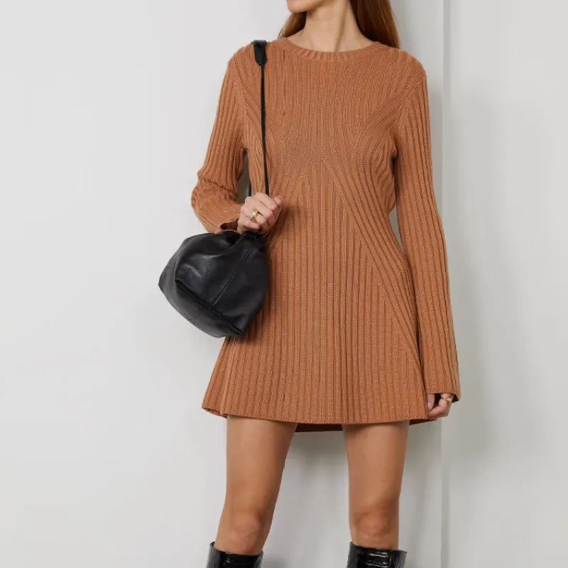 Women's Long-sleeved Knitted Dress Solid Color Casual Wool Woolen Skirt