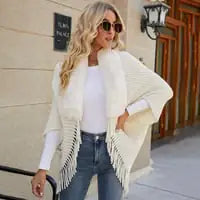 Knitted Fringed Fur-Neck Shawl