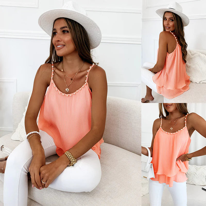 Pearl Accent Pleated Tank Top