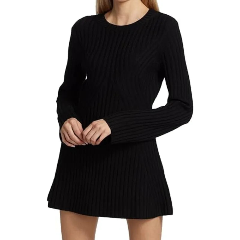 Women's Long-sleeved Knitted Dress Solid Color Casual Wool Woolen Skirt