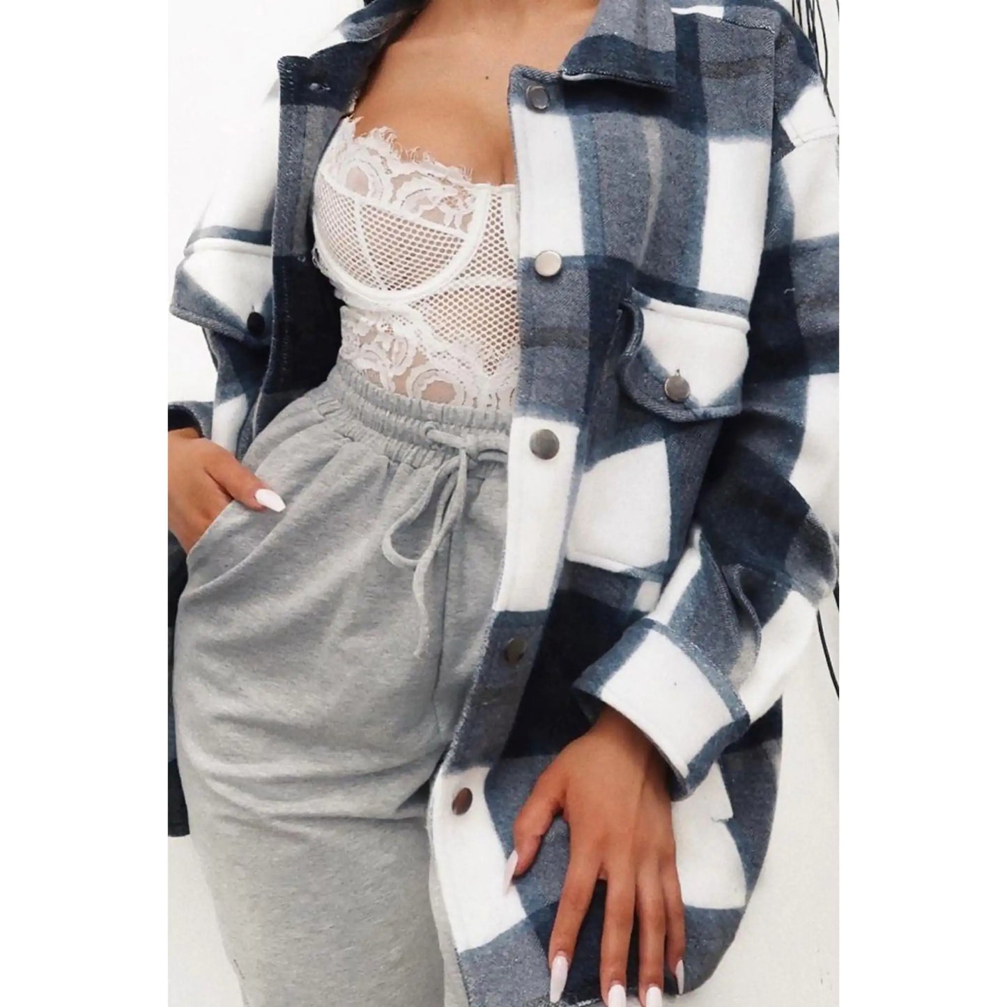 Navy Blue Checked Shacket Womens