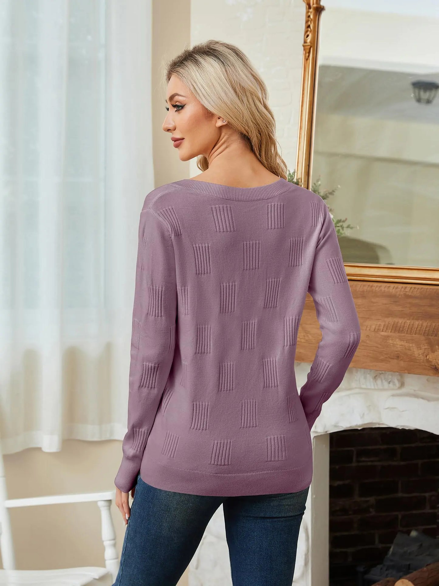 Sweaters for Women Trendy Fall Fashion 2024 Womens Long Sleeve Tops Shirts Blouses V Neck Casual Women's Pullover Sweater Grey Purple Large