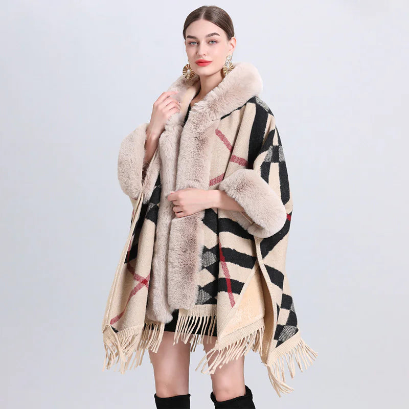 Chic Cashmere-Trimmed Plaid Inverness with Luxe Fur Collar