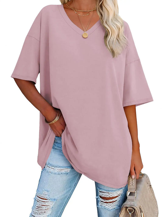 ATHMILE Womens Oversized T Shirts V Neck Tees Half Sleeve Cozy Comfy Tunic 2024 Y2K Tops Casual Small Dark Pink