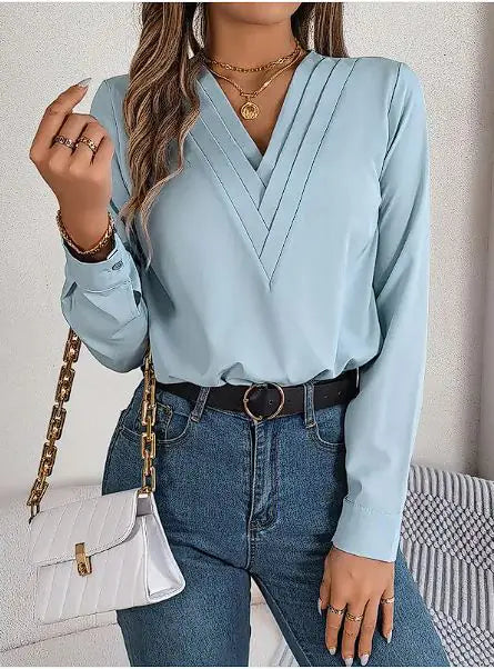 Elegant V-Neck Long Sleeve Office Blouse