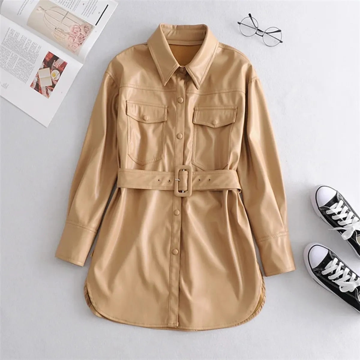 Women's high waist lace-up PU coat