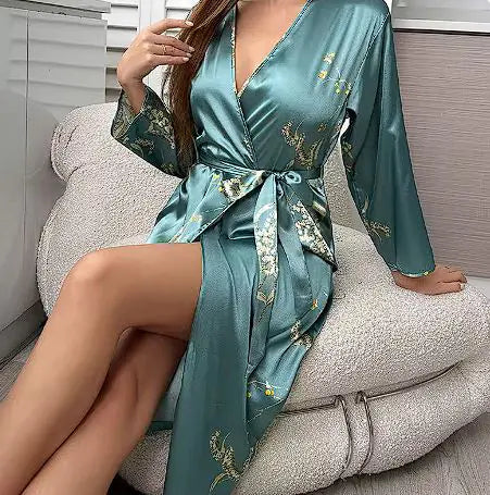 Cherry Print Satin Nightgown & Robe Set