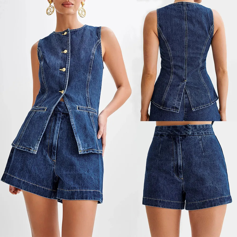 Denim Casual Sleeveless Women's Suit