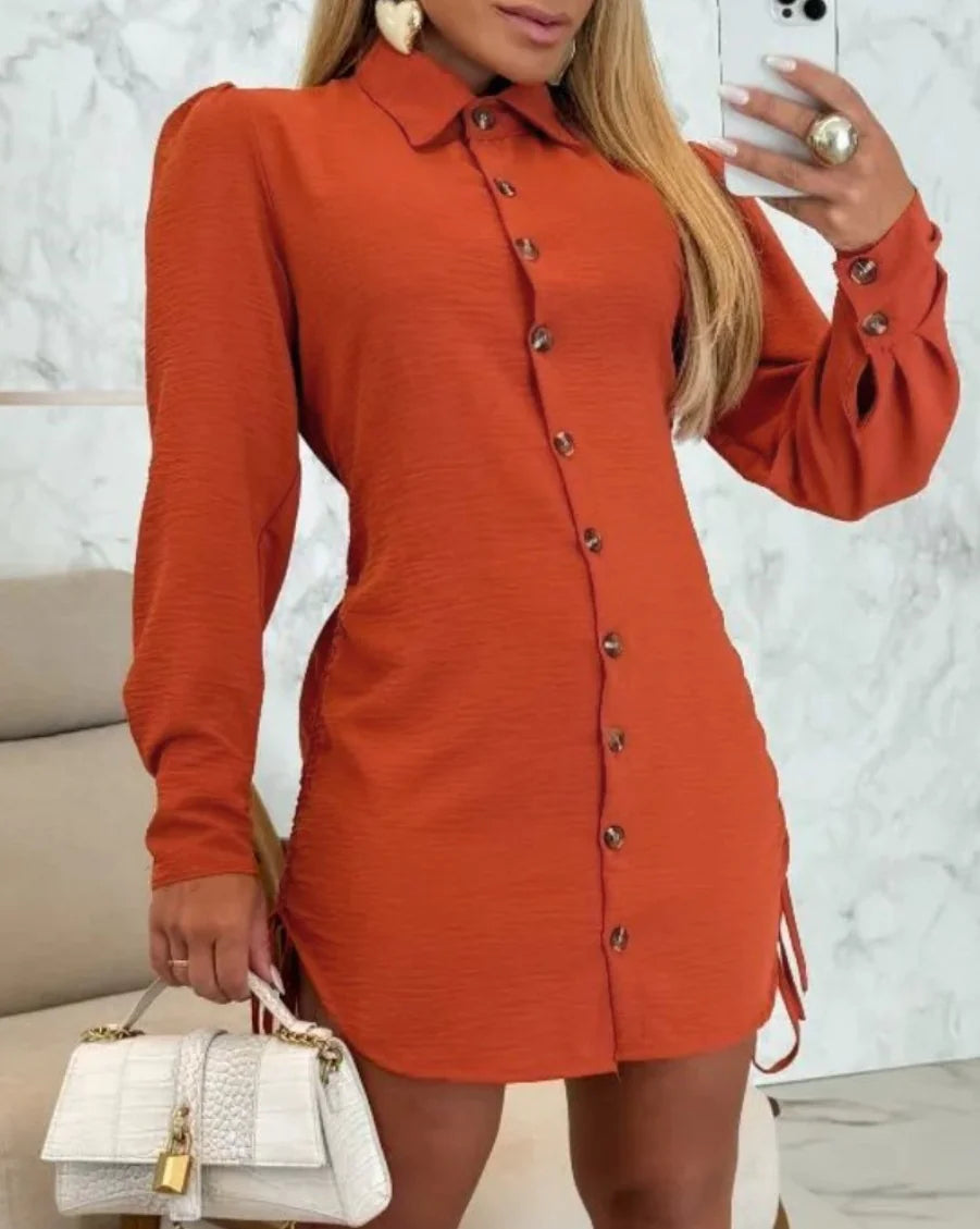 Drawstring Lapel Shirt Dress