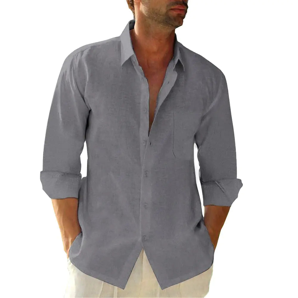 Button Down Linen Shirts for Men Casual Long Sleeve Regular Fit Cotton Beach Shirts with Pocket 3X-Large Grey