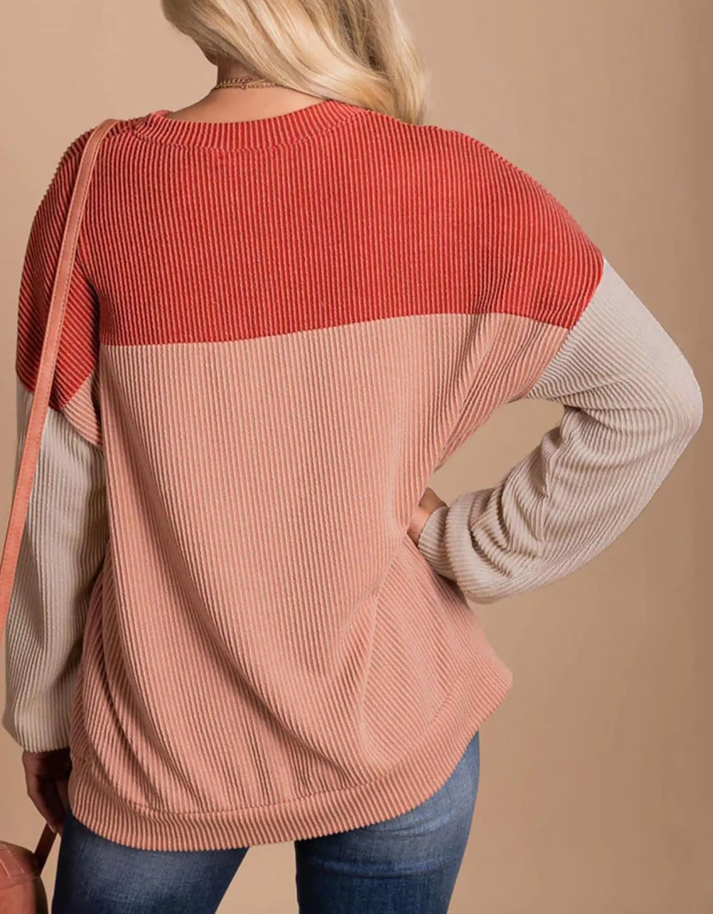 Womens Color Block Long Sleeve Crewneck Knitted Casual Loose Pullover Shirts Tops Large Red