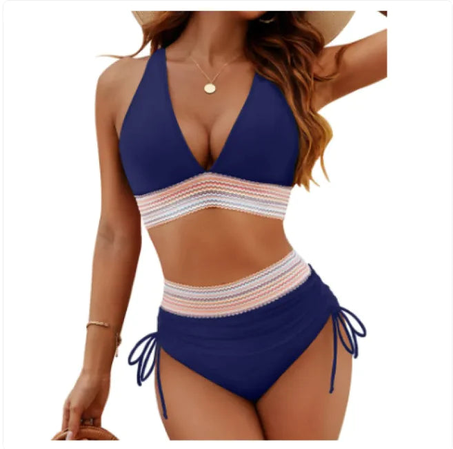 High-Waist Color Block Bikini Set with Drawstring Detail