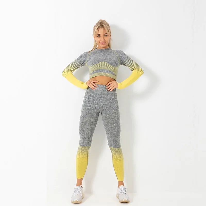 Nahtloses Ombre-Langarm-Yoga-Set: Fitnessanzug mit hoher Taille für Damen