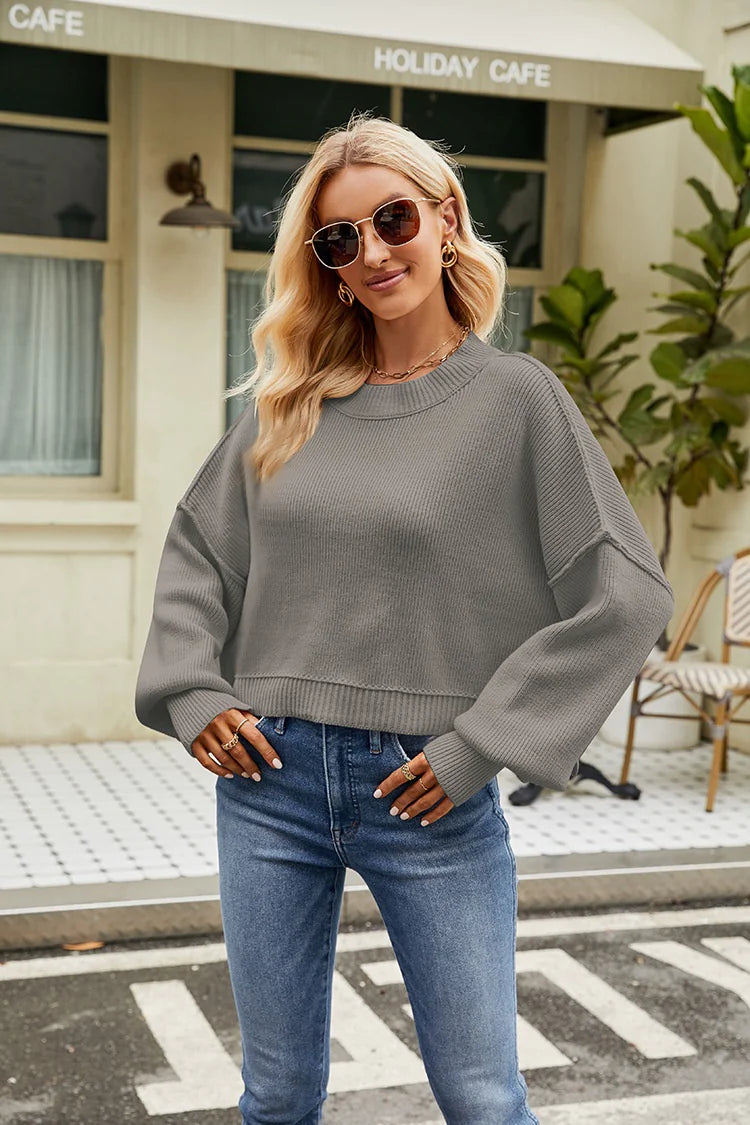 Women Loose Cropped Pullover Round Neck Sweater