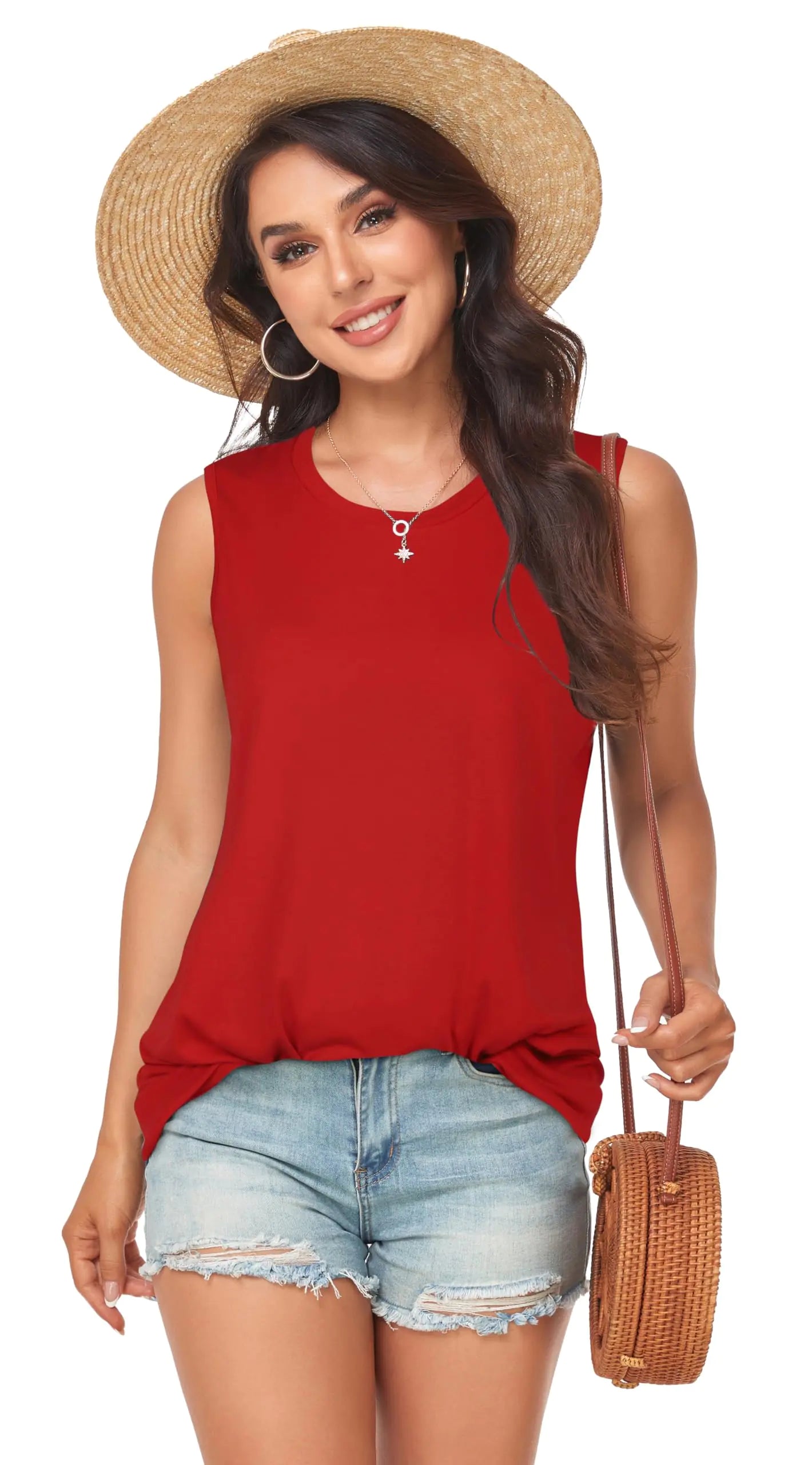 Womens Tank Tops Summer T Shirts Sleeveless Casual Loose Tunic Blouses Small Pure Red