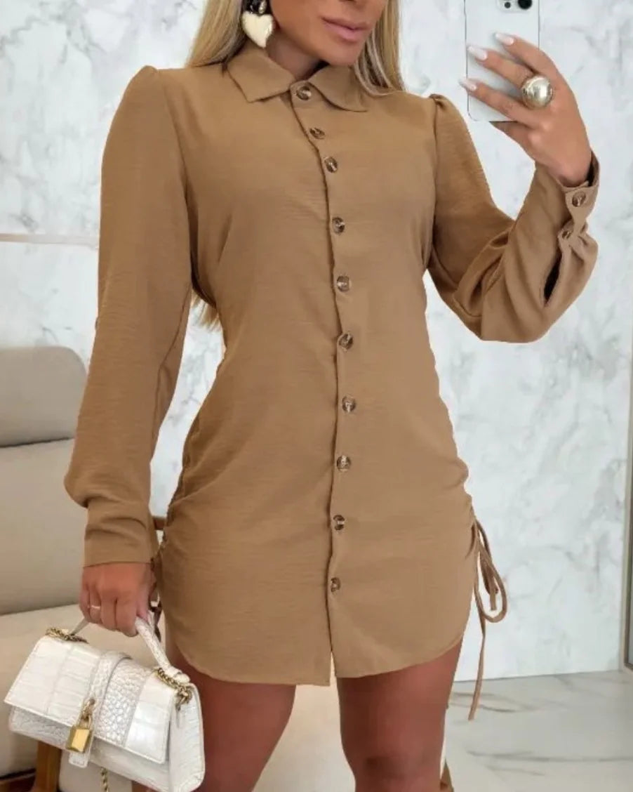 Drawstring Lapel Shirt Dress