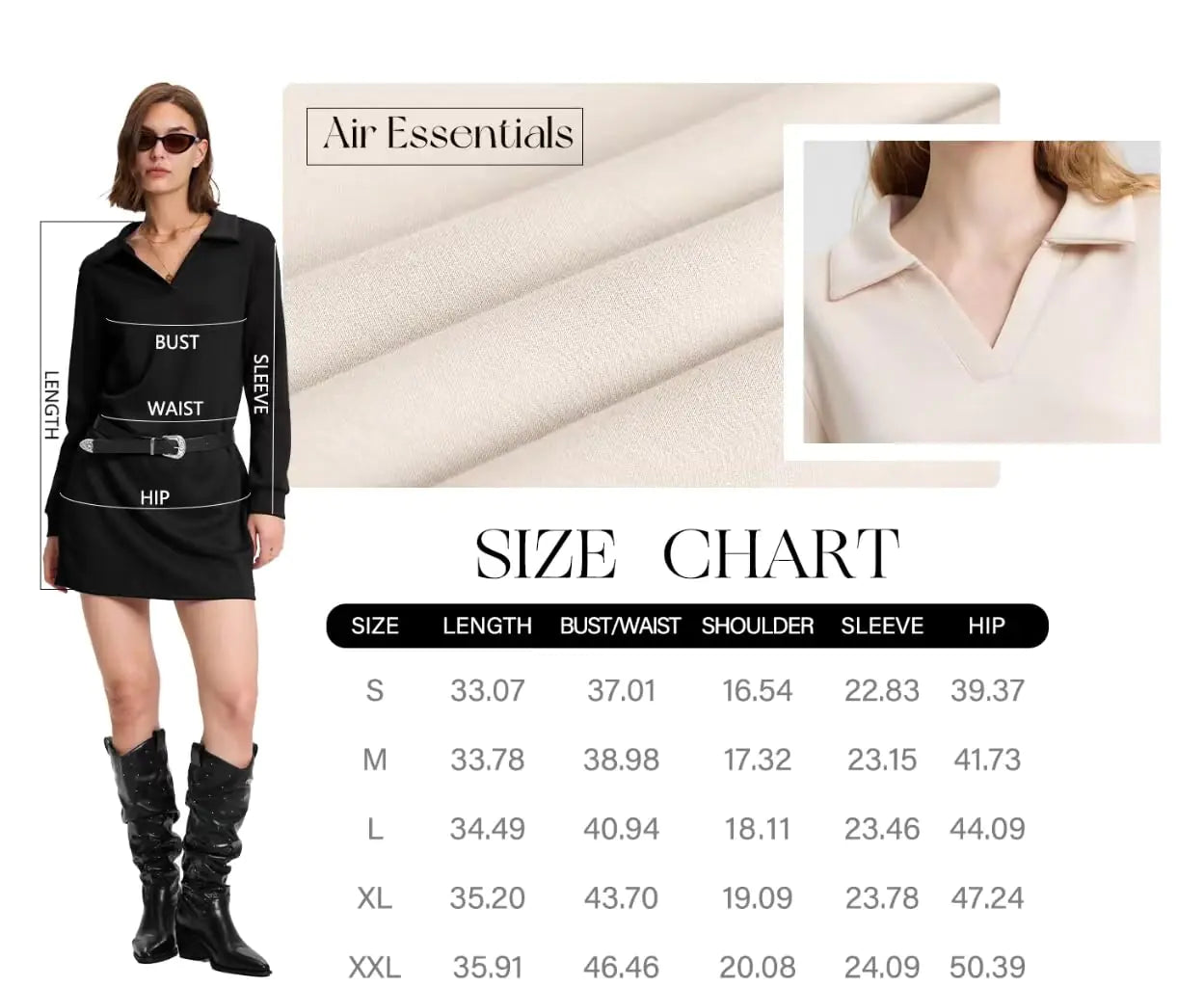 WIHOLL Womens Long Sleeve Lapel Collared V Neck Sweatshirt Dress Loose Fit Solid Color Mini Dresses Fall 2024 Black Large