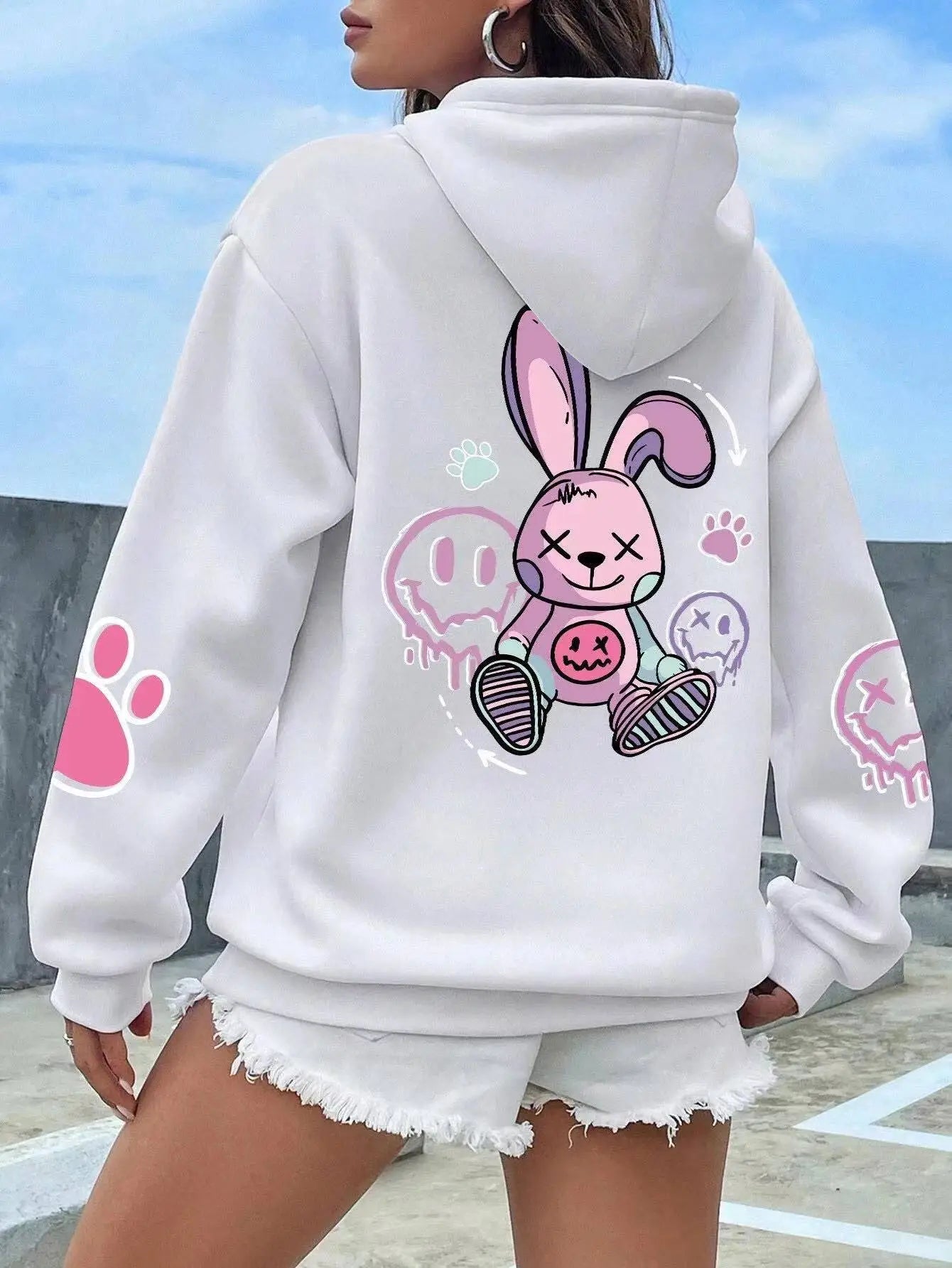 Drop-Shoulder Sleeve Printed Hooded Sweater