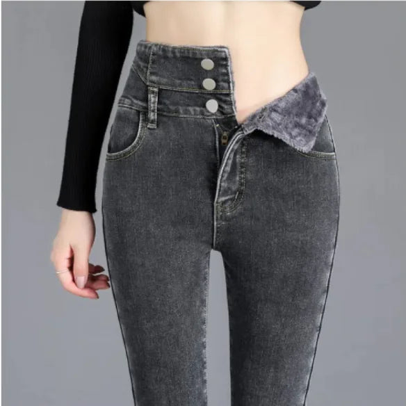 Women's High Waist Jeans Trendy Plush Fleece