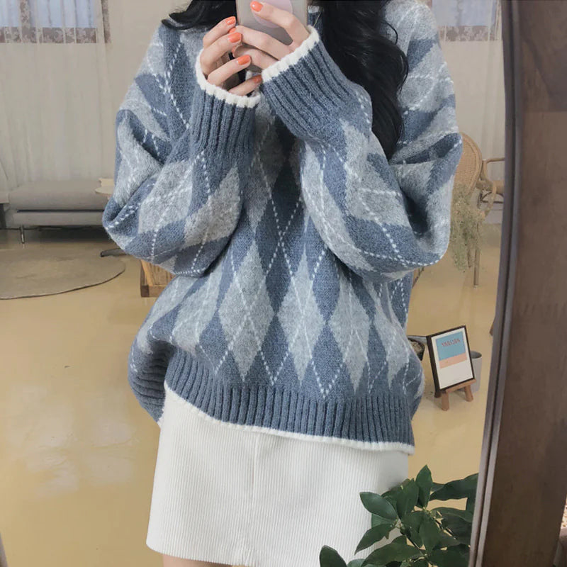 Rhombic Knit Pullover - Loose Winter Sweater