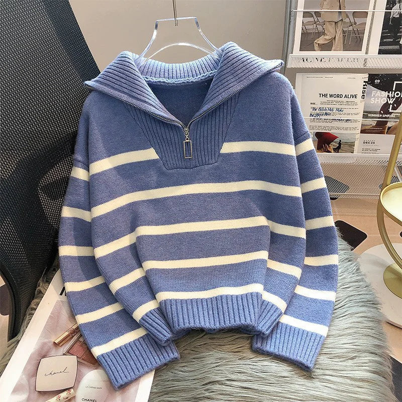 Women's Contrast Color Striped Sweater With Zipper