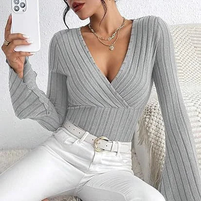 Ribbed V-Neck Slim-Fit Long Sleeve Top