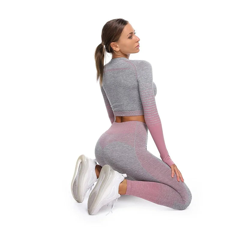 Nahtloses Ombre-Langarm-Yoga-Set: Fitnessanzug mit hoher Taille für Damen