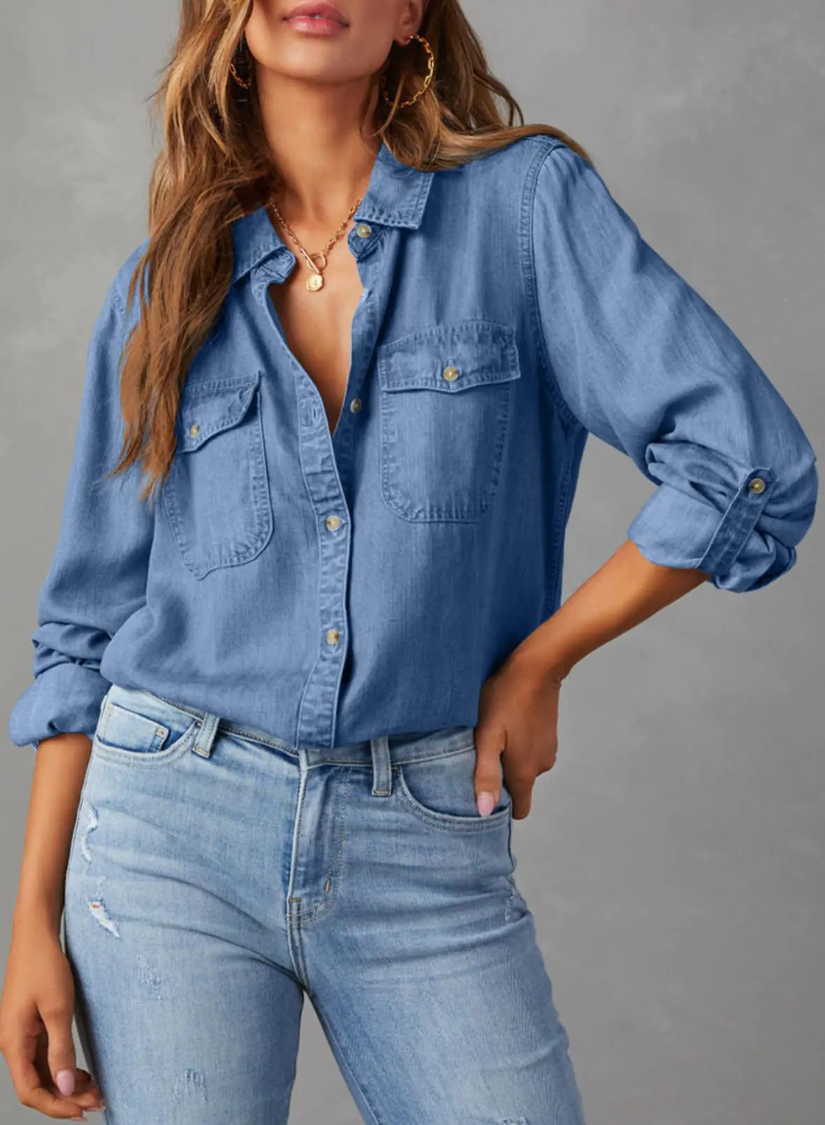 Astylish Damen 2024 Button-Down-Jeanshemd, lässig, langärmelig, V-Ausschnitt, Chambray-Bluse, Top, Größe L, Himmelblau