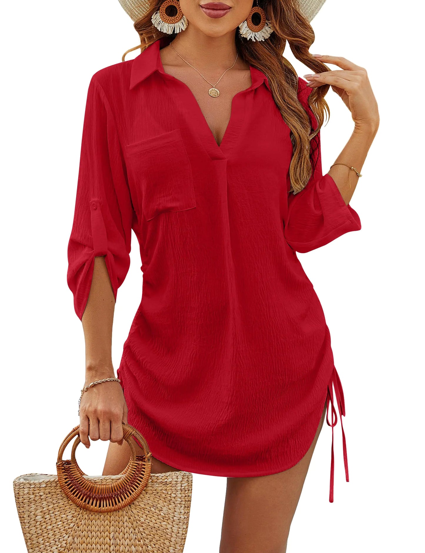 Blooming Jelly Womens Bathing Suit Cover Ups Bikini Swimsuit Coverup Drawstring Beach Dress Shirt Large Red