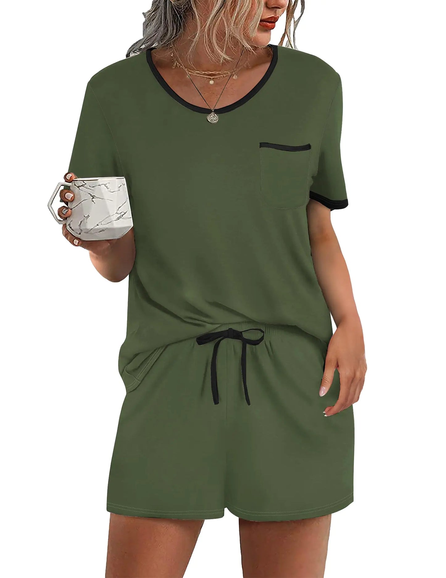 Ekouaer Pajama Set for Women 2 Piece Lounge Set Short Sleeve Tops and Shorts Soft Sleepwear, Chest Pocket X-Large Army Green