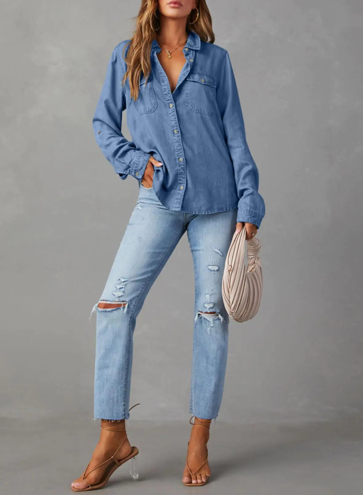 Astylish Damen 2024 Button-Down-Jeanshemd, lässig, langärmelig, V-Ausschnitt, Chambray-Bluse, Top, Größe L, Himmelblau