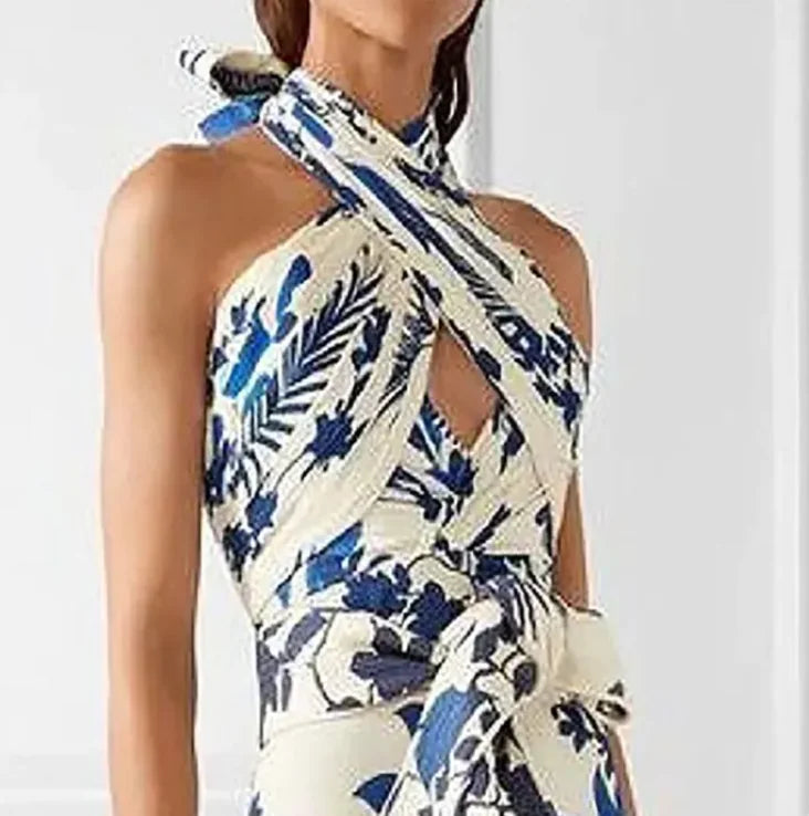 Printed Halter Hollow-Out Dress